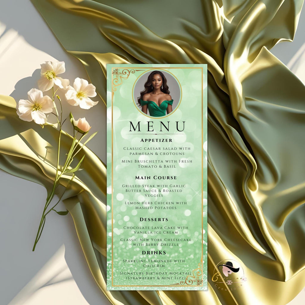 Menu and Program Template Green Gold Birthday Party Menu Program cards Printable, Elegant Dinner Menu card Editable Retirement Event Program