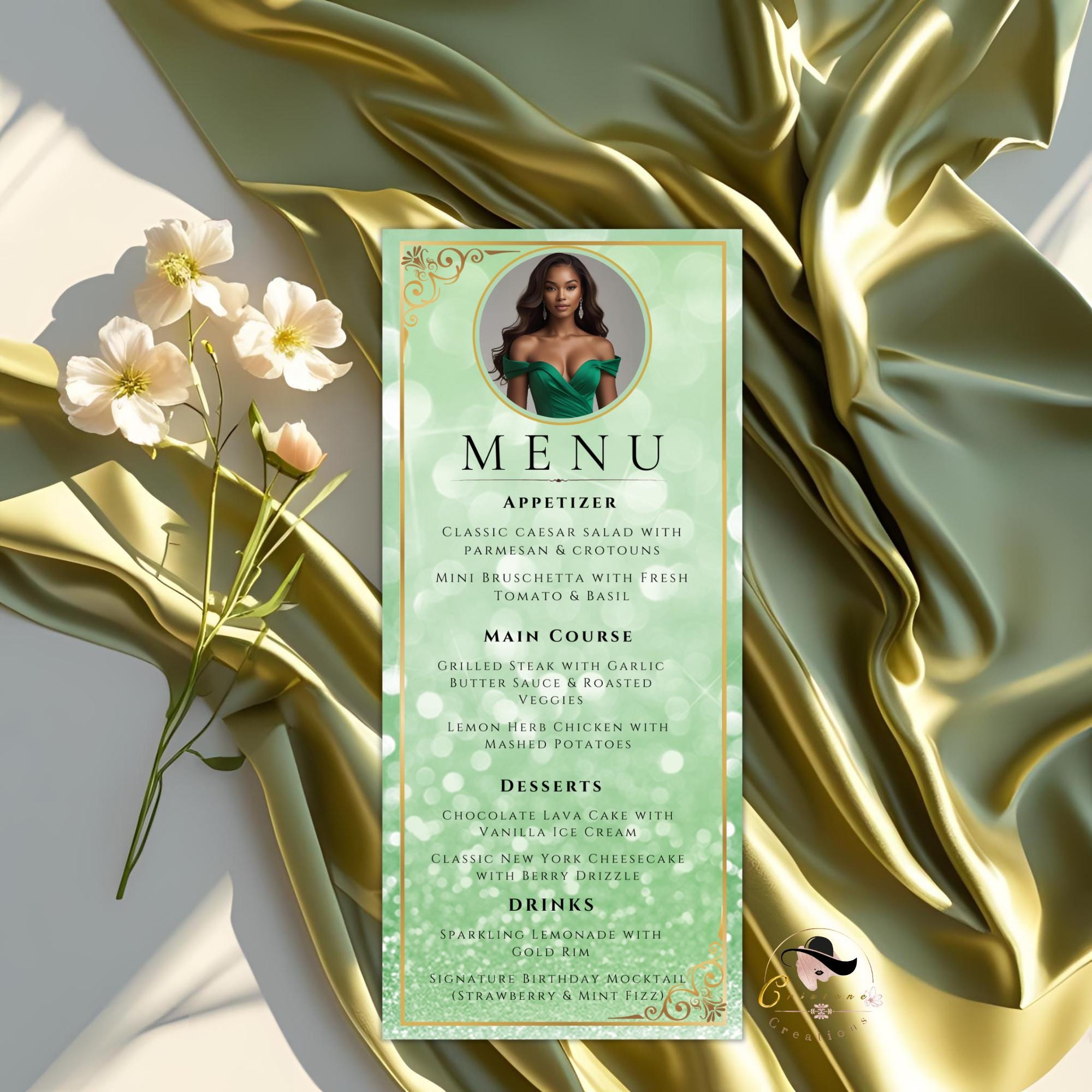 Menu and Program Template Green Gold Birthday Party Menu Program cards Printable, Elegant Dinner Menu card Editable Retirement Event Program