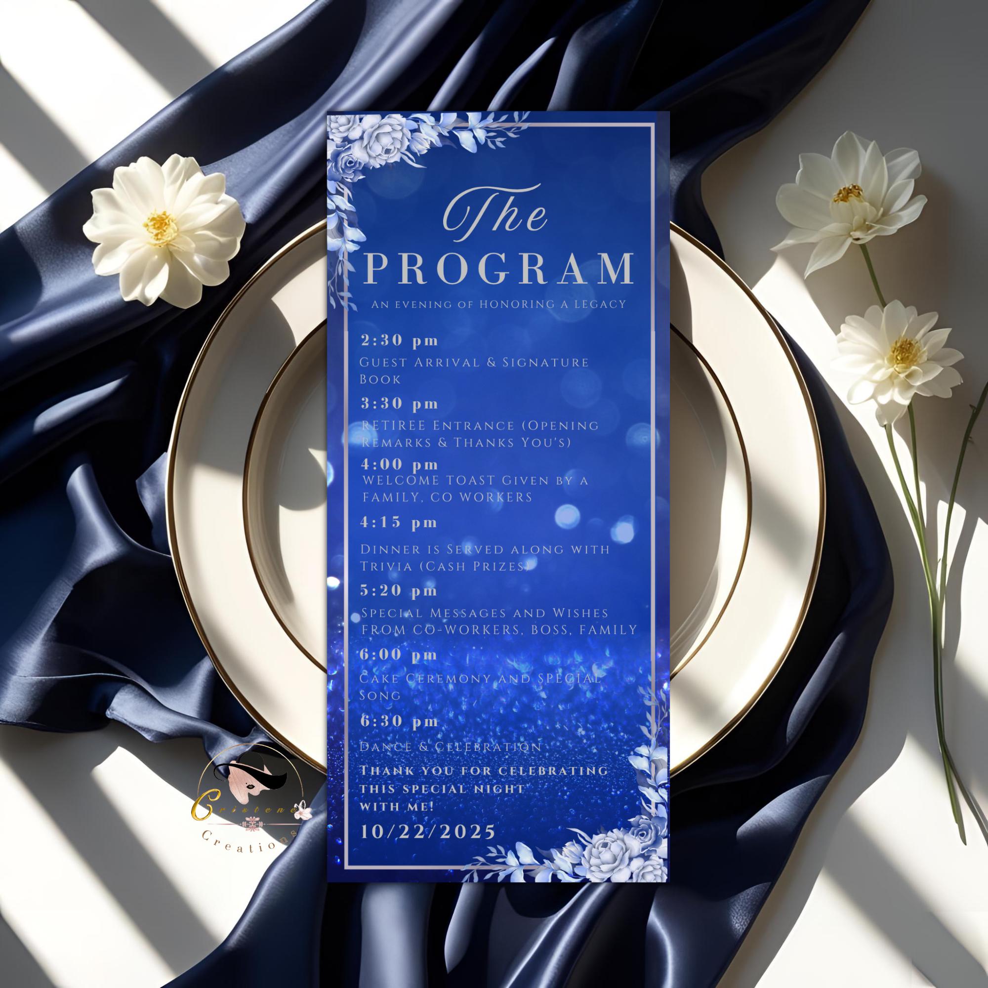 Retirement Program Template Blue Silver Program card Printable Order of events Birthday party program Event schedule Program Floral Design