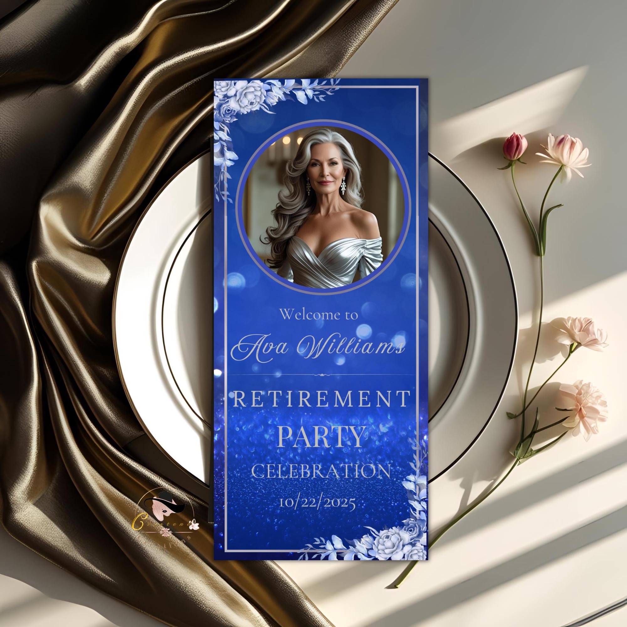 Retirement Program Template Blue Silver Program card Printable Order of events Birthday party program Event schedule Program Floral Design