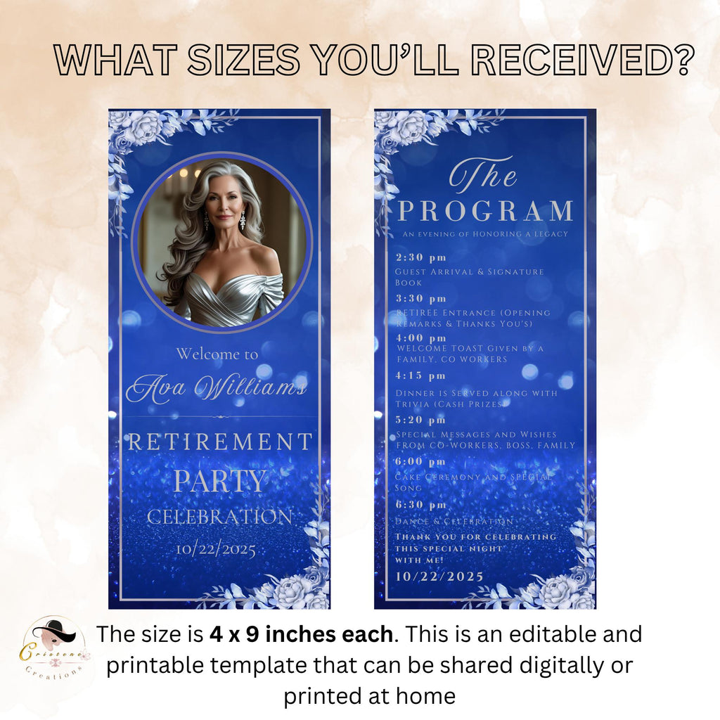 Retirement Program Template Blue Silver Program card Printable Order of events Birthday party program Event schedule Program Floral Design