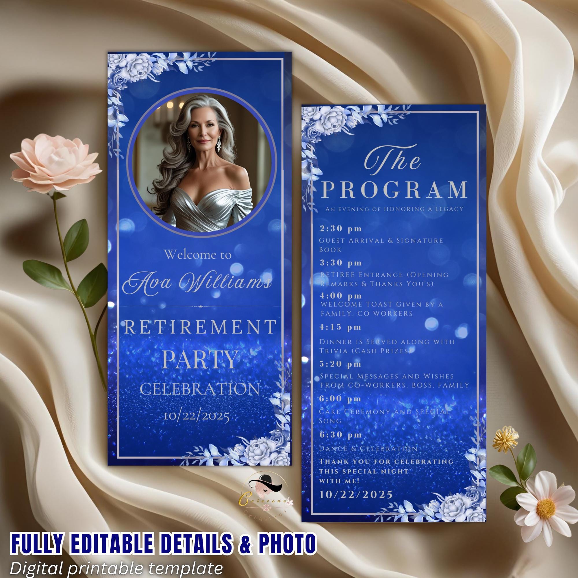 Retirement Program Template Blue Silver Program card Printable Order of events Birthday party program Event schedule Program Floral Design