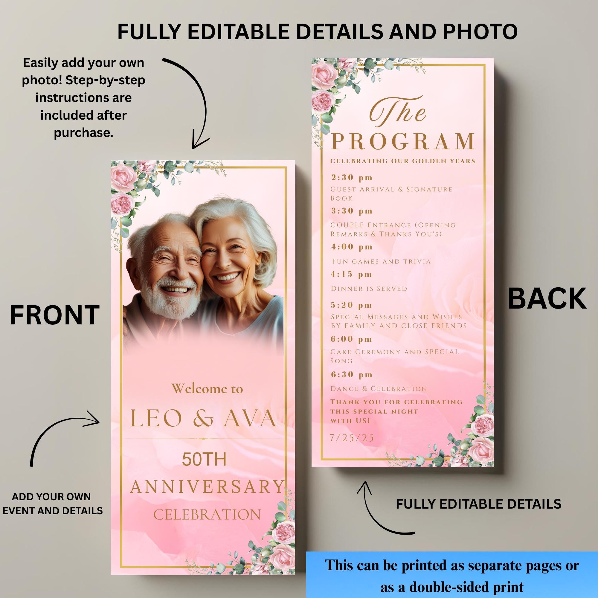 Floral Anniversary Program Template, Pink Golden 50th Wedding Anniversary Program card Printable Vow Renewal Program party Floral Design