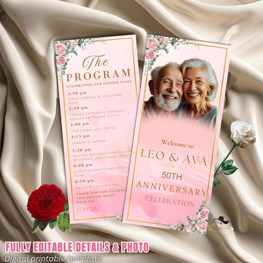 Floral Anniversary Program Template, Pink Golden 50th Wedding Anniversary Program card Printable Vow Renewal Program party Floral Design