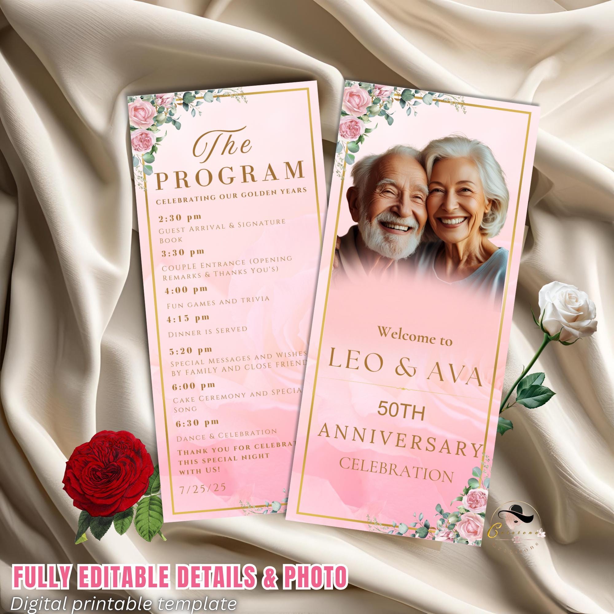 Floral Anniversary Program Template, Pink Golden 50th Wedding Anniversary Program card Printable Vow Renewal Program party Floral Design