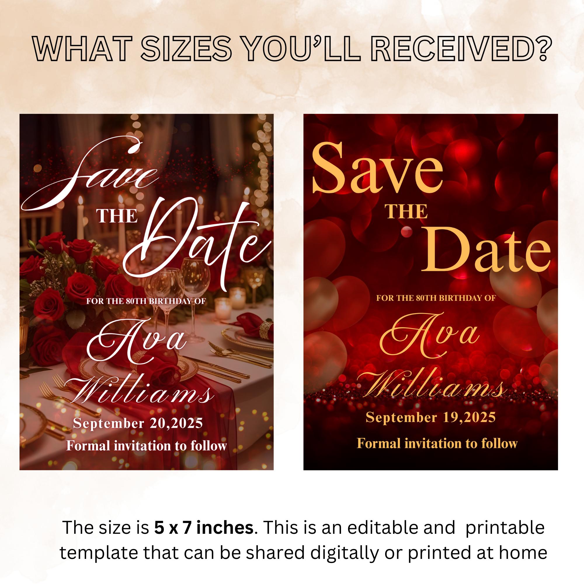 Digital Save the Date Red Gold Birthday Party invite, Editable Retirement Save the Date card Printable Luxury Birthday Dinner Canva Template
