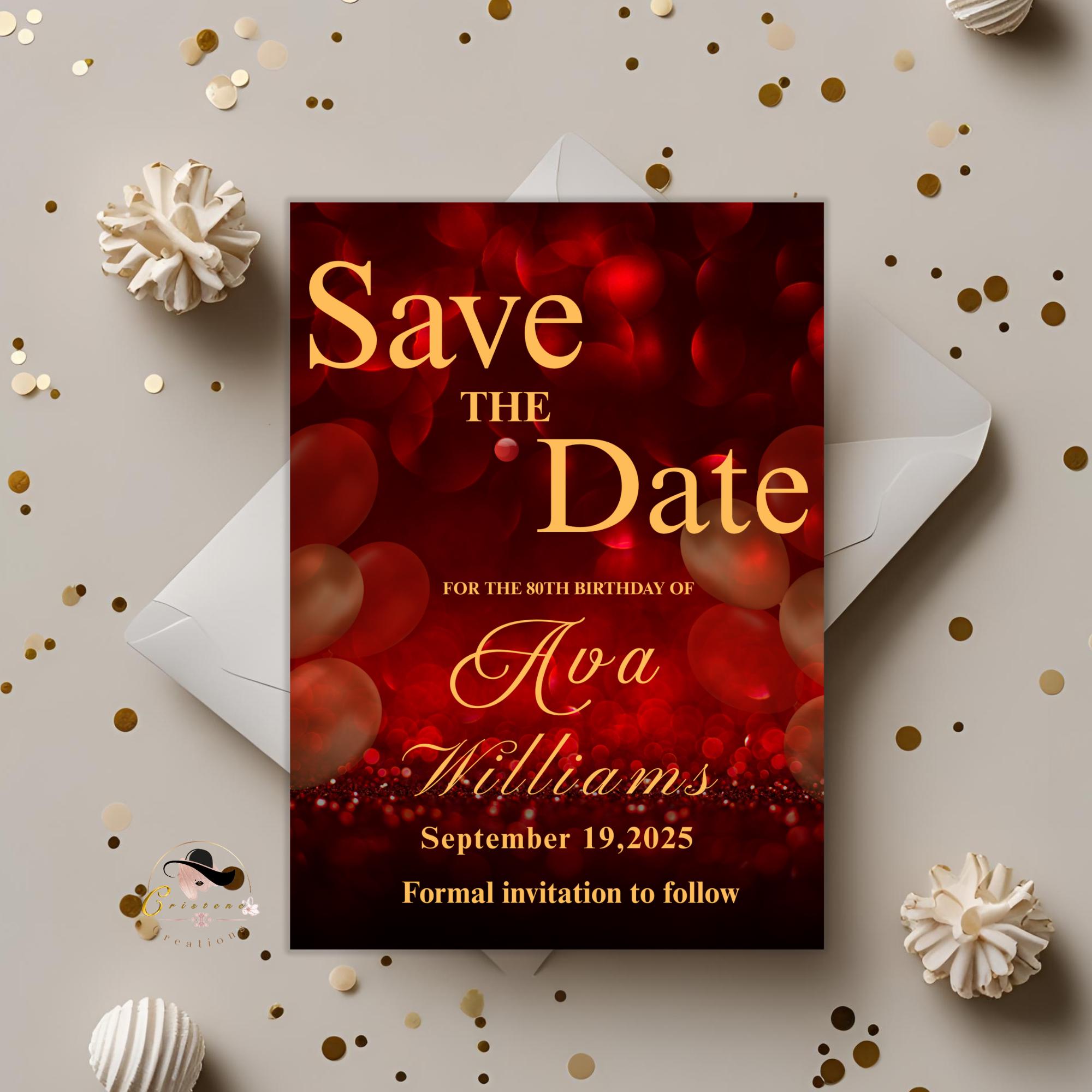 Digital Save the Date Red Gold Birthday Party invite, Editable Retirement Save the Date card Printable Luxury Birthday Dinner Canva Template