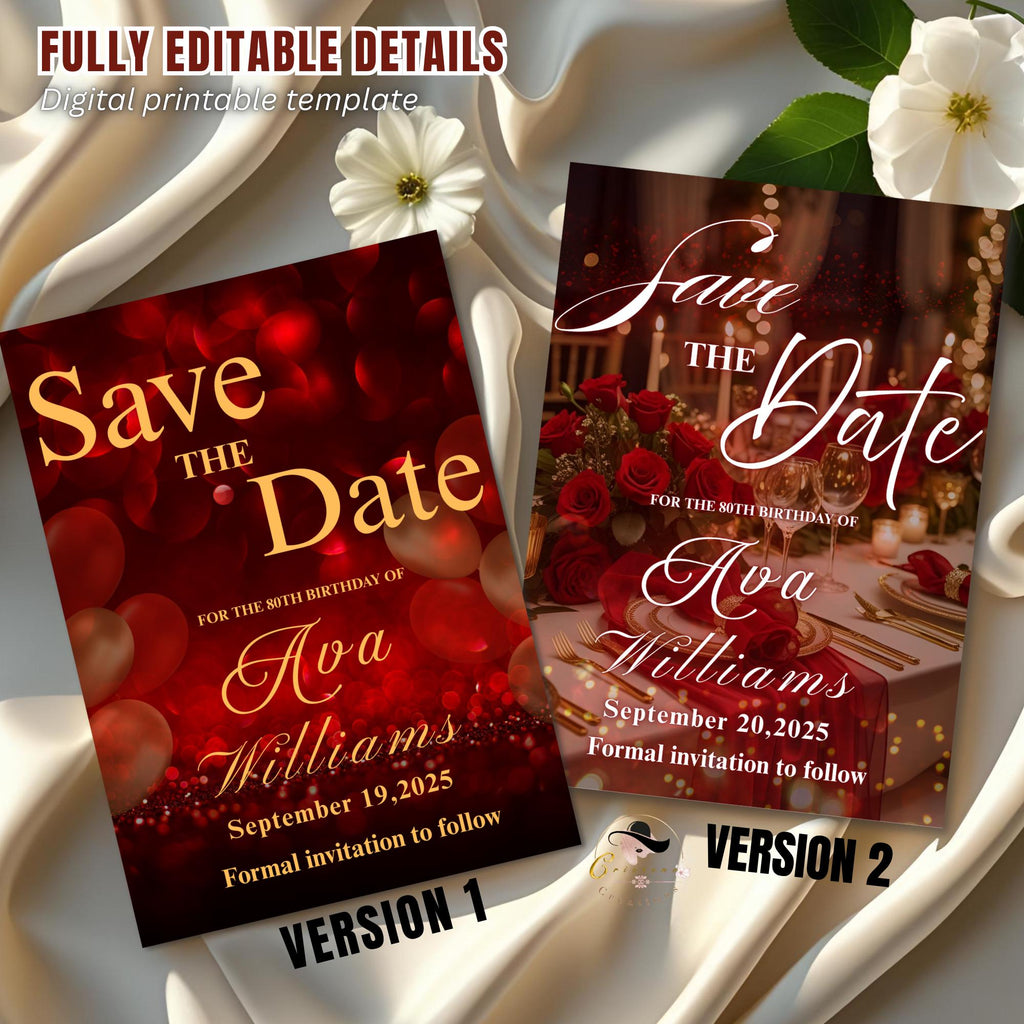 Digital Save the Date Red Gold Birthday Party invite, Editable Retirement Save the Date card Printable Luxury Birthday Dinner Canva Template