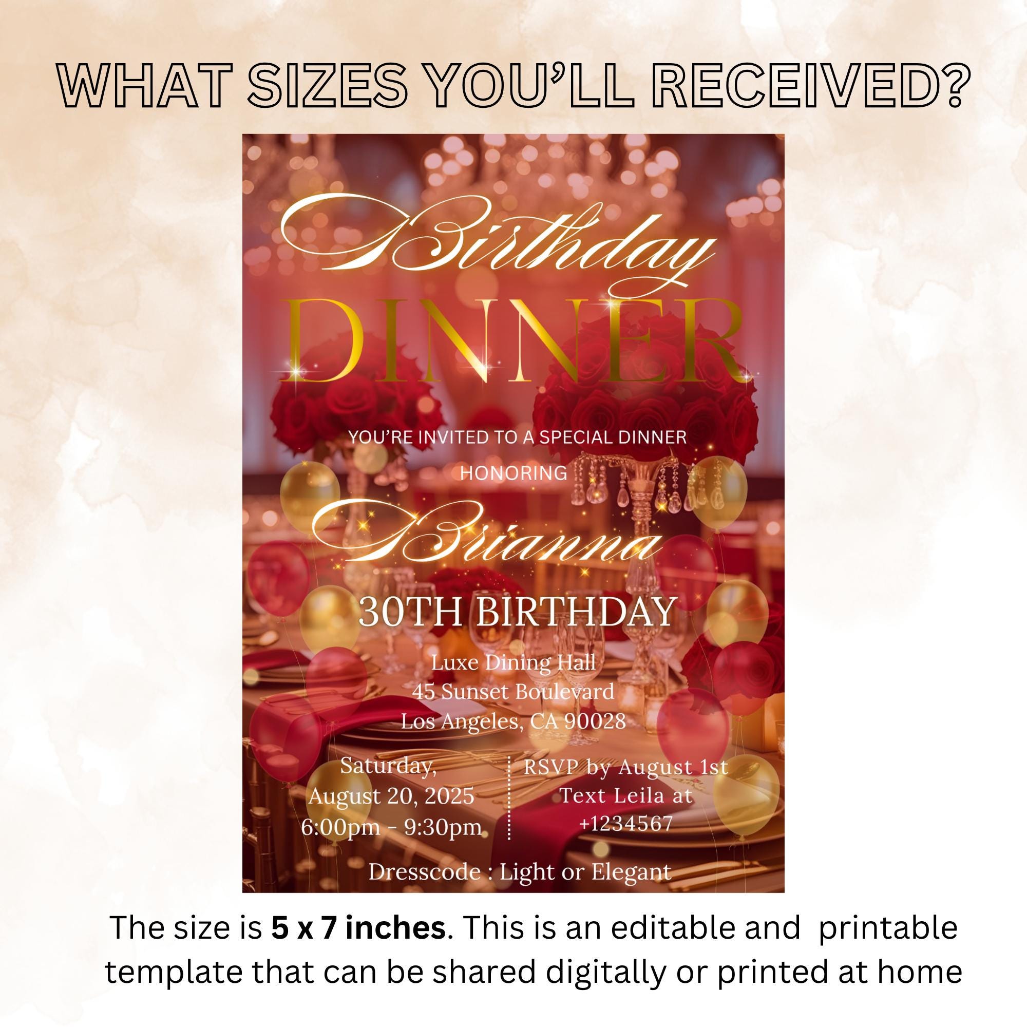 Digital Birthday Dinner Invitation Red Gold Girl Adult Birthday party invite Editable Glam Luxury Dinner party card Printable Canva Template