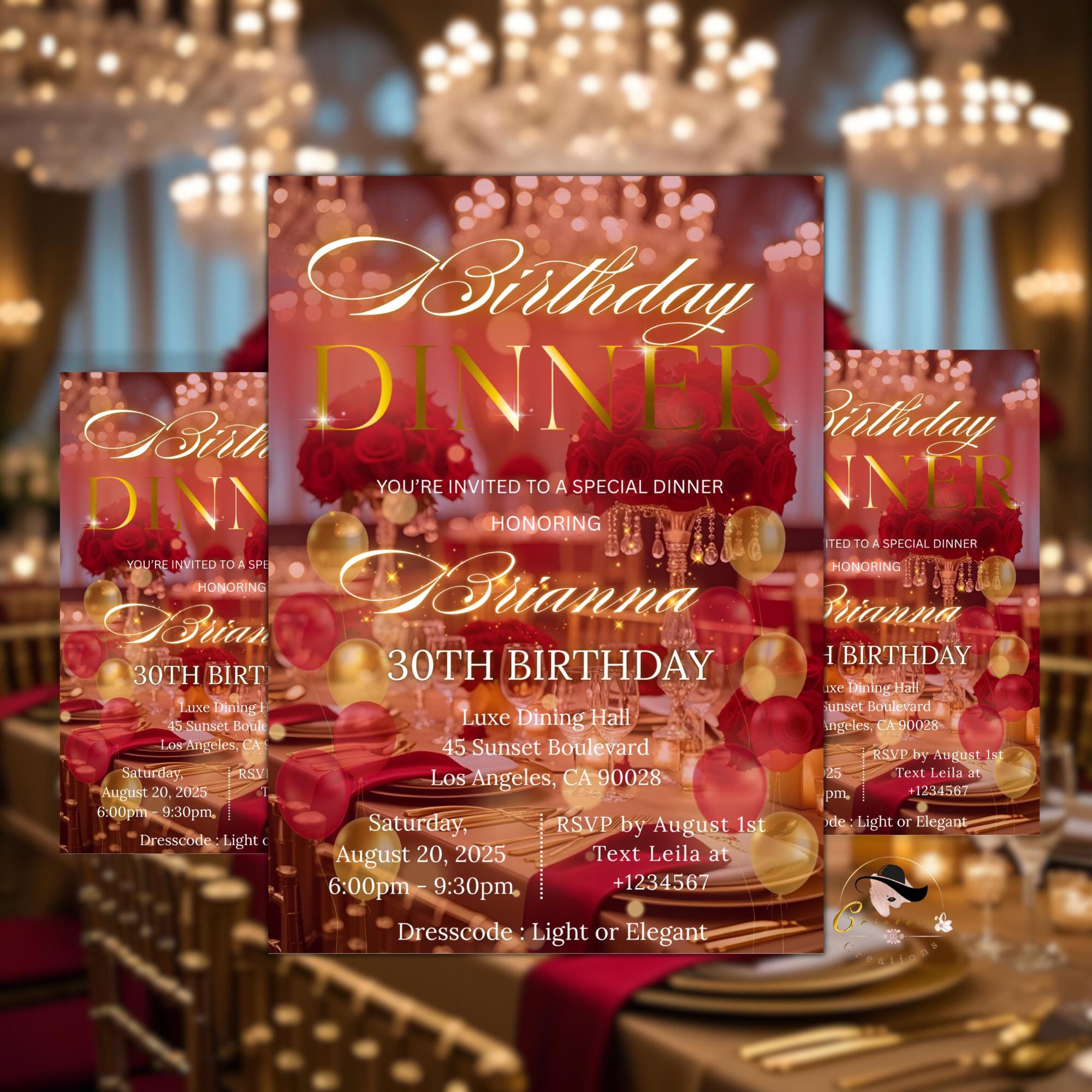 Digital Birthday Dinner Invitation Red Gold Girl Adult Birthday party invite Editable Glam Luxury Dinner party card Printable Canva Template