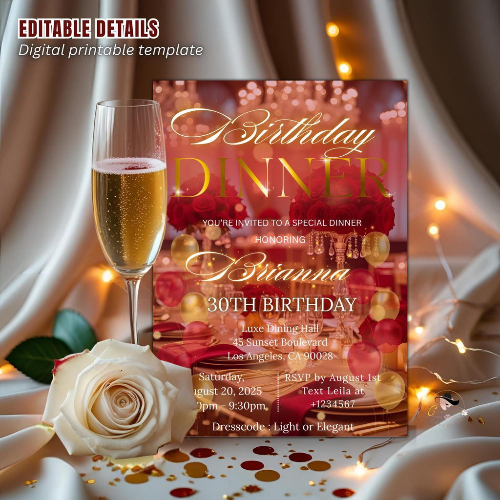 Digital Birthday Dinner Invitation Red Gold Girl Adult Birthday party invite Editable Glam Luxury Dinner party card Printable Canva Template