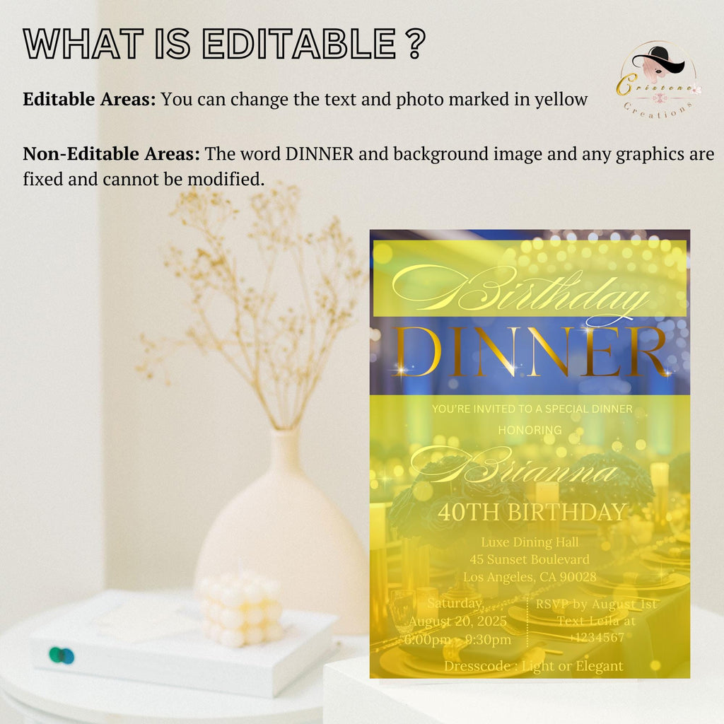 Editable Birthday Dinner Invitation Navy Blue Gold Digital Elegant Dinner Party invite woman Glam Luxury Birthday Dinner Template Printable