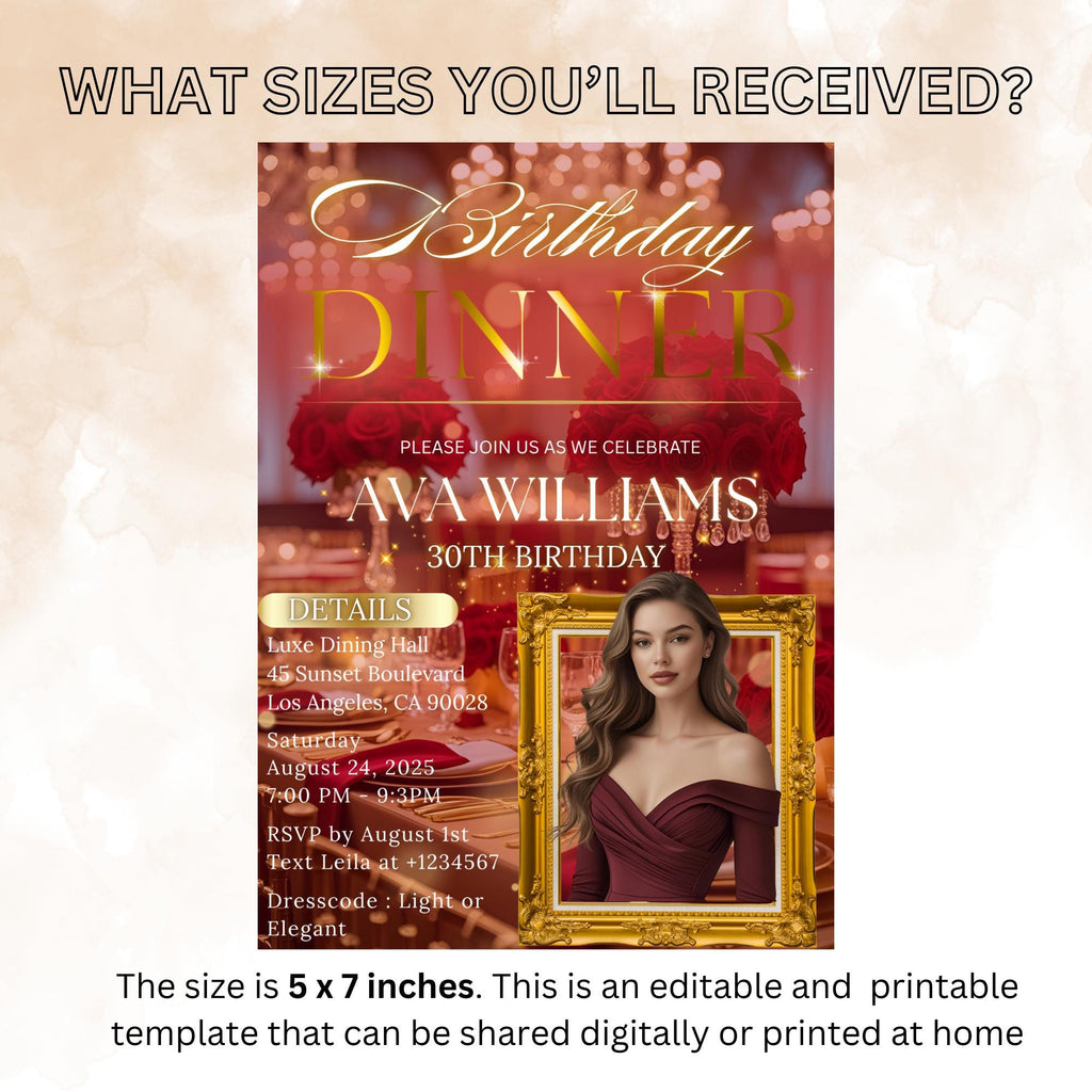 Digital Birthday Dinner Invitation with photo Red Gold Adult Elegant Dinner Party invite Woman Glam Luxury Birthday party Printable Template