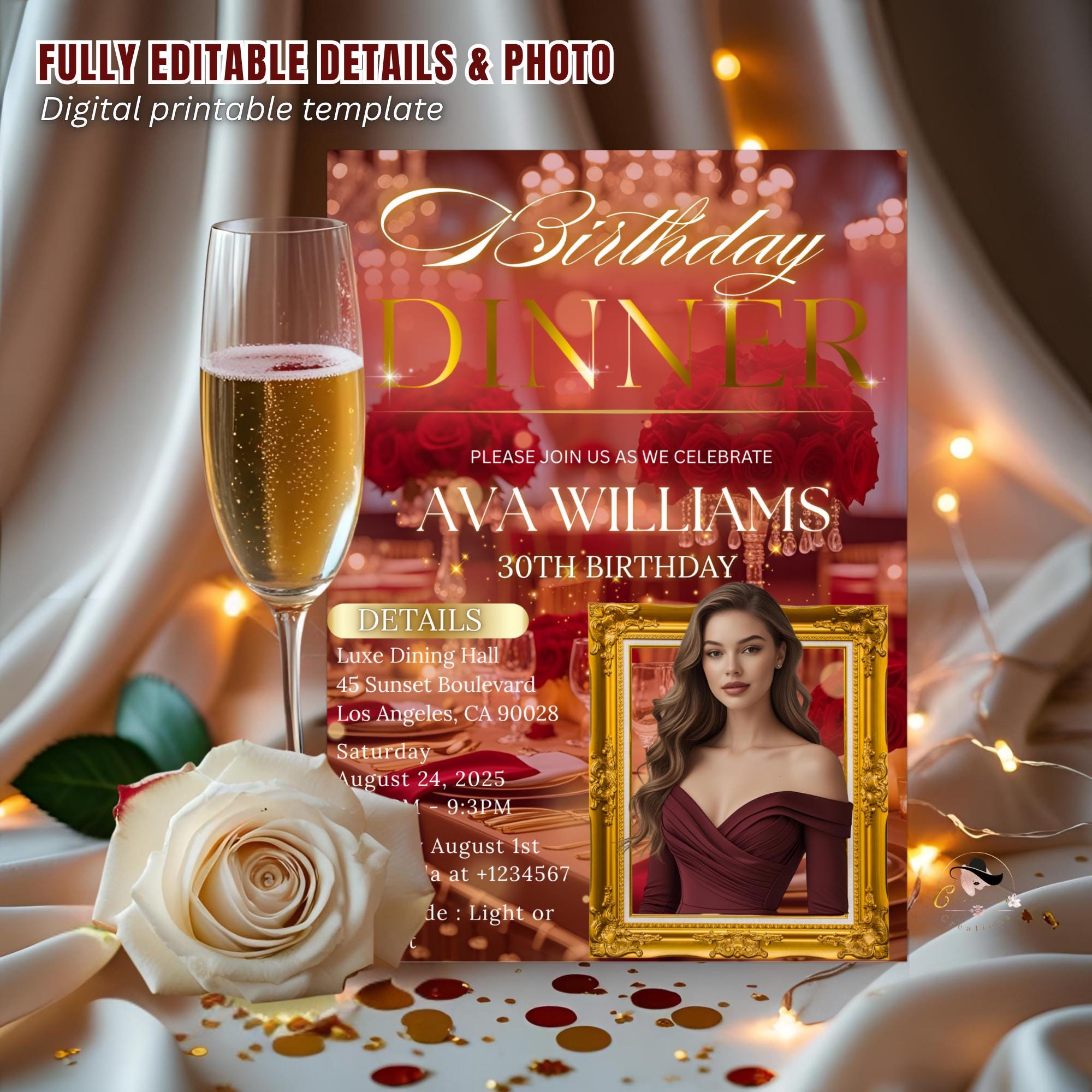 Digital Birthday Dinner Invitation with photo Red Gold Adult Elegant Dinner Party invite Woman Glam Luxury Birthday party Printable Template