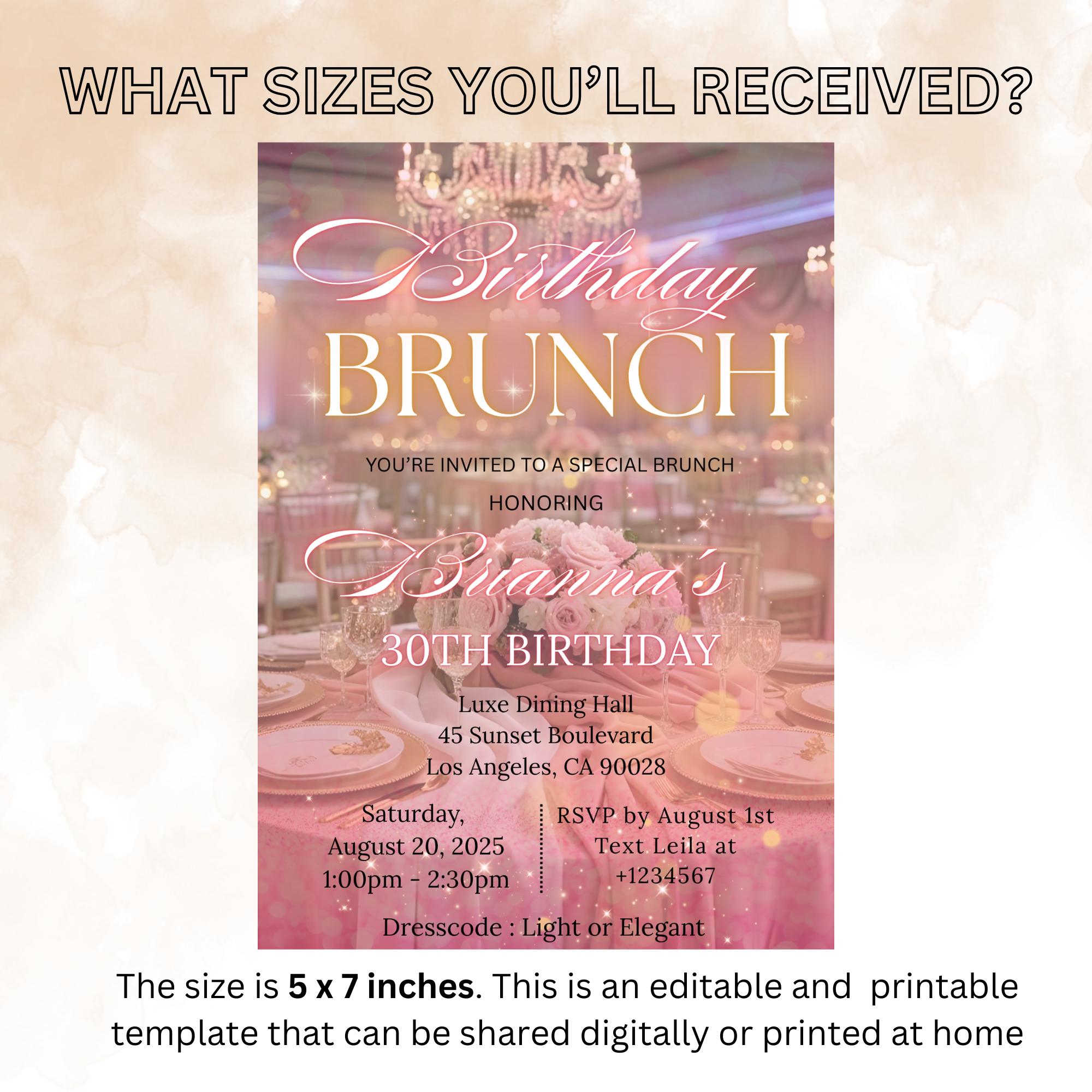 Digital Birthday Brunch Invitation Pink Floral Brunch Party invite Luxury Glam Brunch and Bubbly Ladies Garden Brunch Tea Party Template