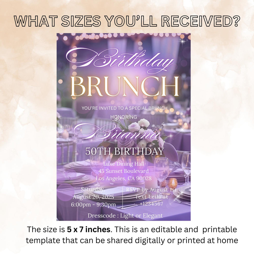 Purple Birthday Brunch Invitation Girl Digital Brunch party invite Glam Luxury Brunch Garden Tea Party Template Adult Lunch Floral invite