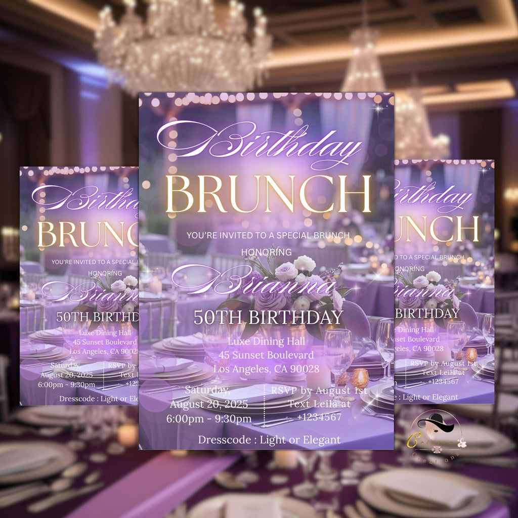 Purple Birthday Brunch Invitation Girl Digital Brunch party invite Glam Luxury Brunch Garden Tea Party Template Adult Lunch Floral invite