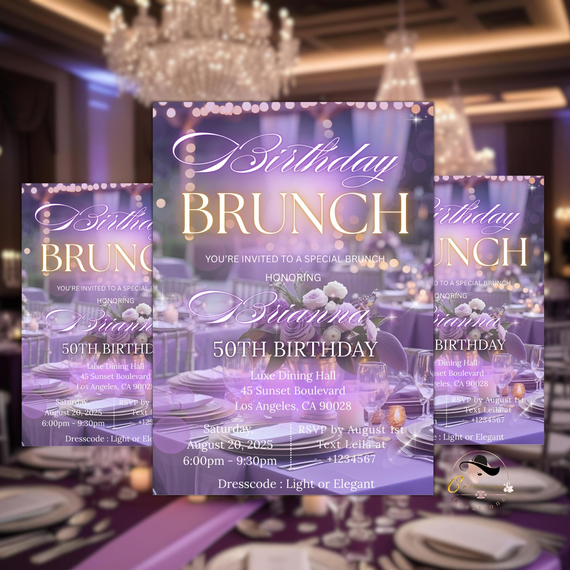 Purple Birthday Brunch Invitation Girl Digital Brunch party invite Glam Luxury Brunch Garden Tea Party Template Adult Lunch Floral invite