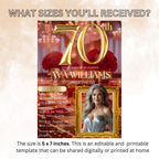 Digital 70th Birthday Invitation with photo Red gold Luxury 70th Birthday Dinner invite Women Editable Seventieth Birthday party Template