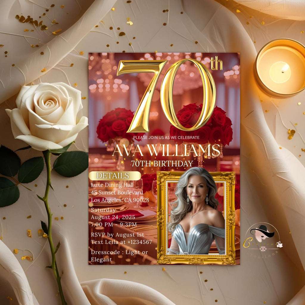 Digital 70th Birthday Invitation with photo Red gold Luxury 70th Birthday Dinner invite Women Editable Seventieth Birthday party Template
