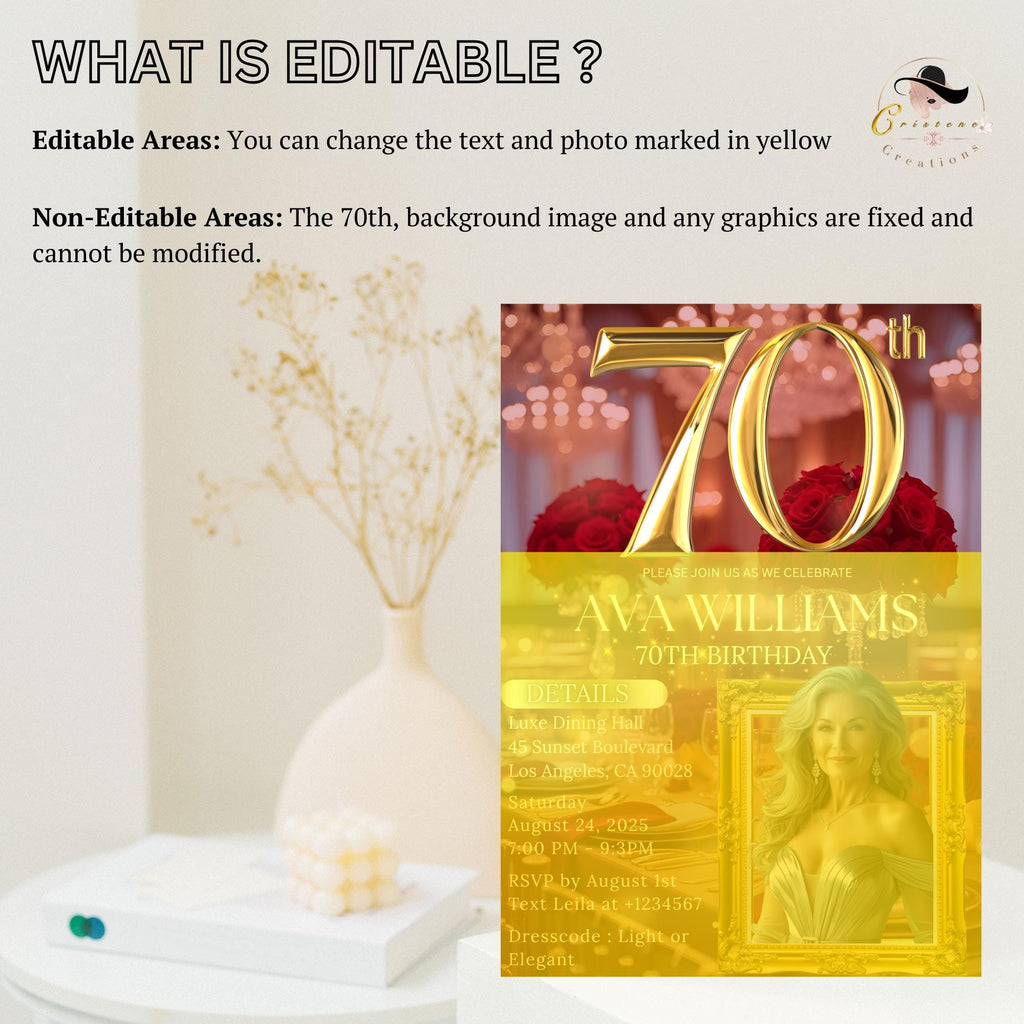 Digital 70th Birthday Invitation with photo Red gold Luxury 70th Birthday Dinner invite Women Editable Seventieth Birthday party Template