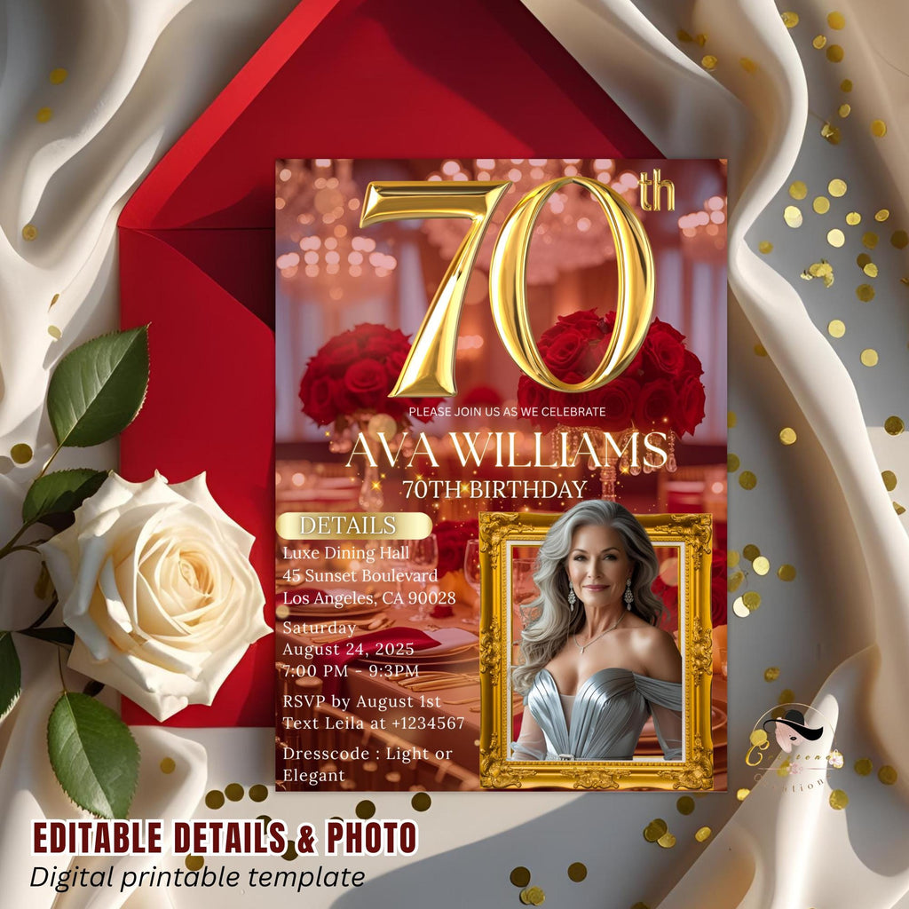 Digital 70th Birthday Invitation with photo Red gold Luxury 70th Birthday Dinner invite Women Editable Seventieth Birthday party Template