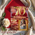 Digital 70th Birthday Invitation with photo Red gold Luxury 70th Birthday Dinner invite Women Editable Seventieth Birthday party Template