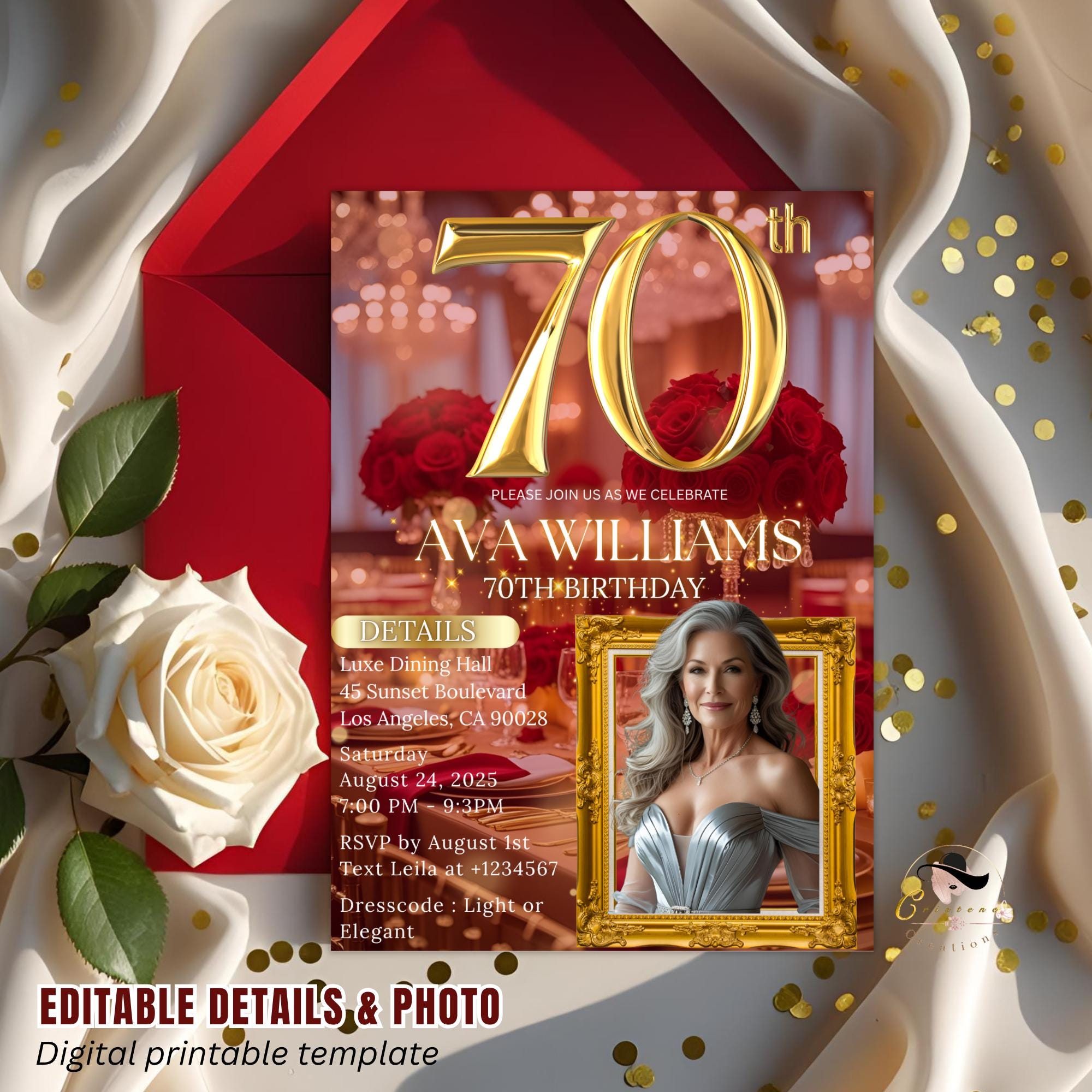 Digital 70th Birthday Invitation with photo Red gold Luxury 70th Birthday Dinner invite Women Editable Seventieth Birthday party Template