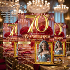 Digital 70th Birthday Invitation with photo Red gold Luxury 70th Birthday Dinner invite Women Editable Seventieth Birthday party Template