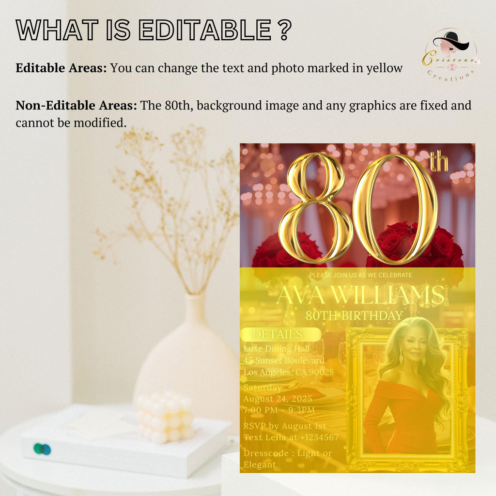 Digital 80th Birthday Invitation with Photo 80th Birthday Dinner Invite for Women 80 and Fabulous Floral Party Red Gold Glam Luxury Template