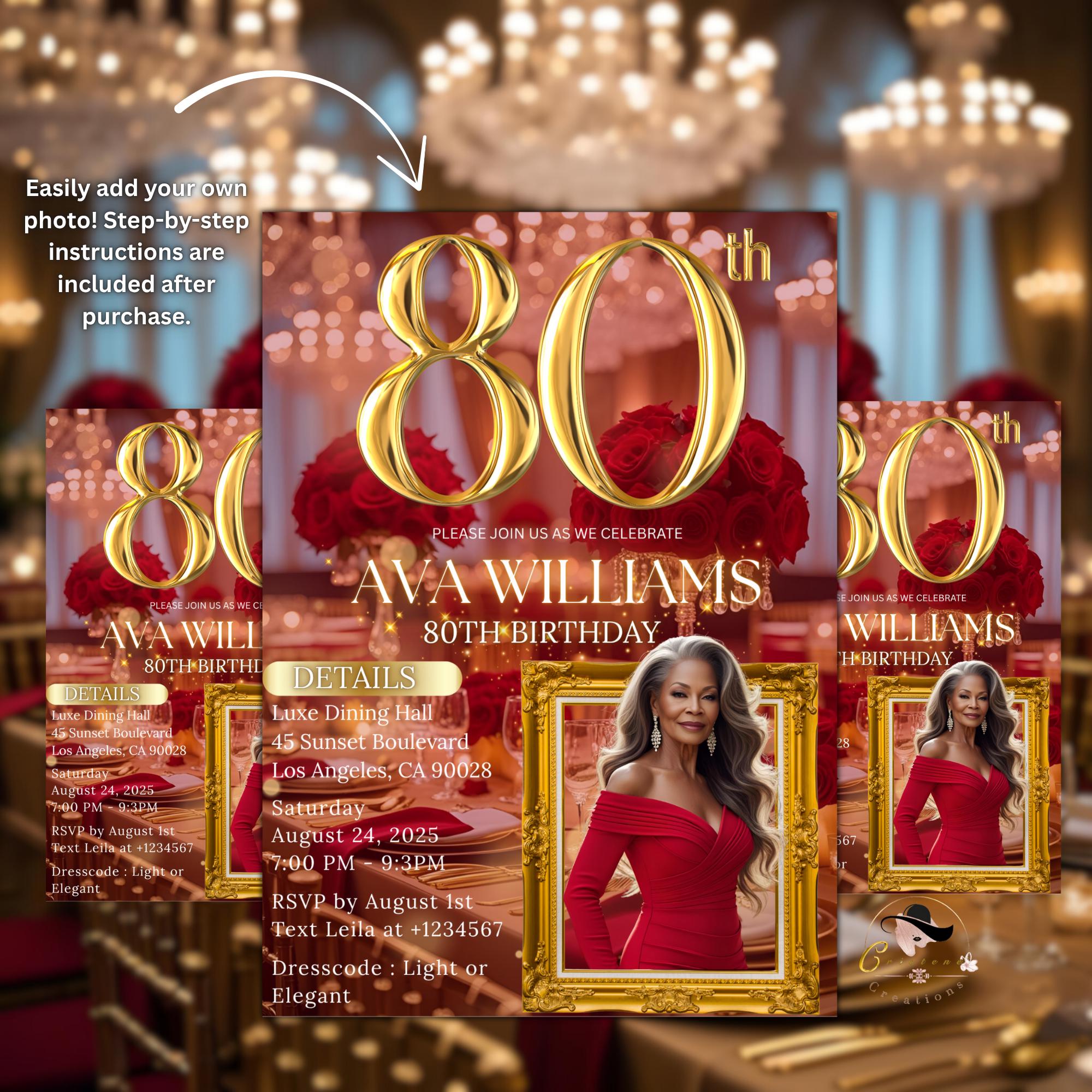 Digital 80th Birthday Invitation with Photo 80th Birthday Dinner Invite for Women 80 and Fabulous Floral Party Red Gold Glam Luxury Template