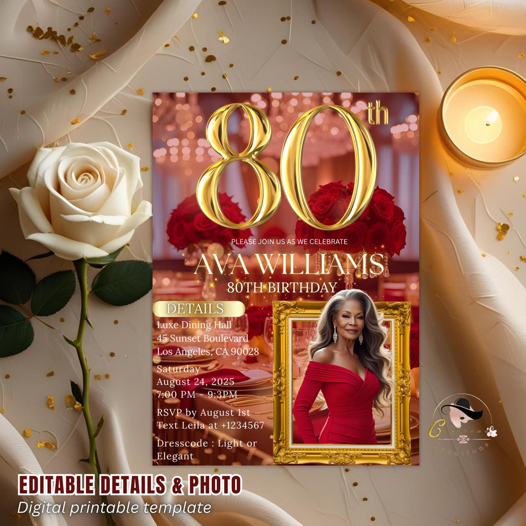 Digital 80th Birthday Invitation with Photo 80th Birthday Dinner Invite for Women 80 and Fabulous Floral Party Red Gold Glam Luxury Template