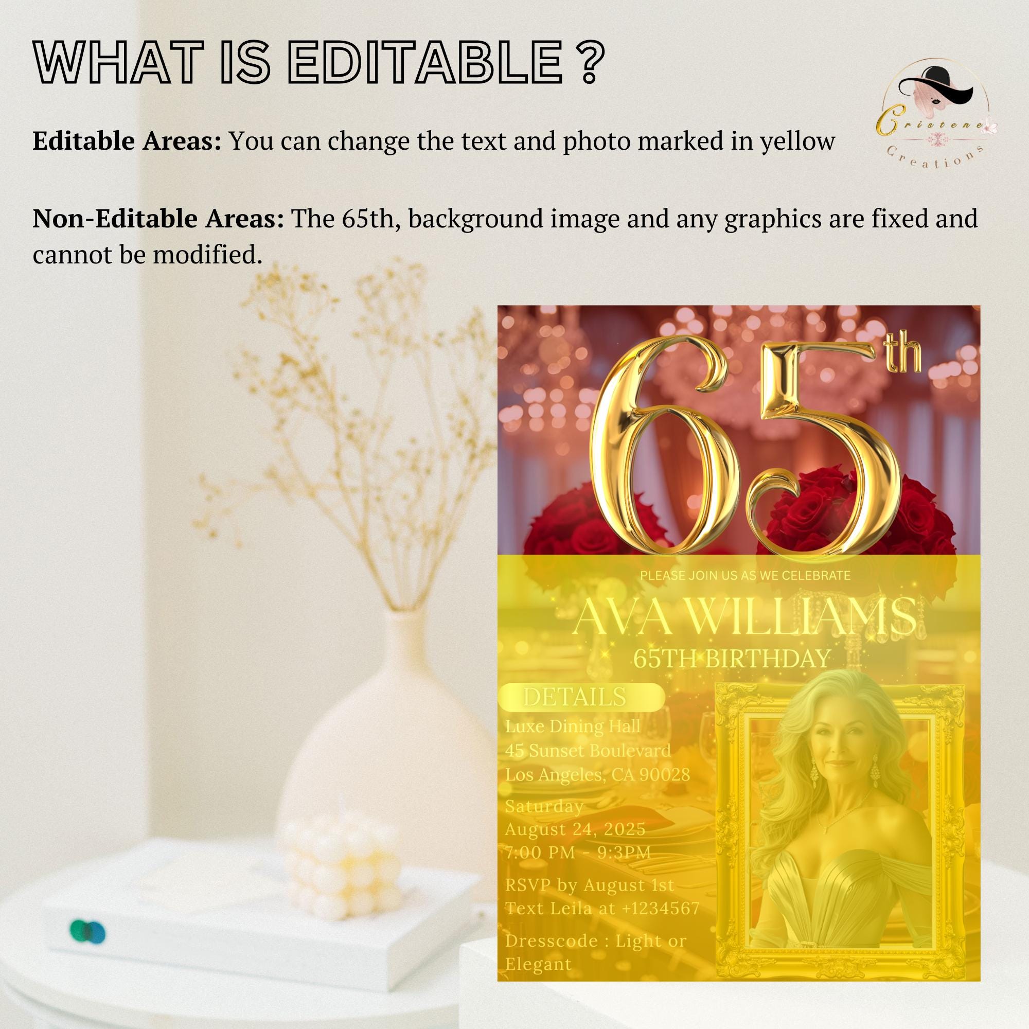 Digital 65th Birthday Invitation Red Gold 65th Birthday Dinner invite with photo Women Sixty Fifth Birthday party Floral Editable Template