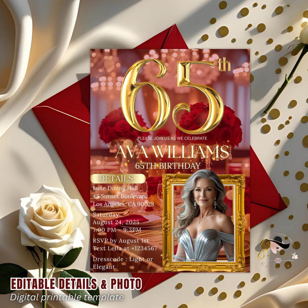 Digital 65th Birthday Invitation Red Gold 65th Birthday Dinner invite with photo Women Sixty Fifth Birthday party Floral Editable Template