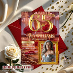 Digital 65th Birthday Invitation Red Gold 65th Birthday Dinner invite with photo Women Sixty Fifth Birthday party Floral Editable Template