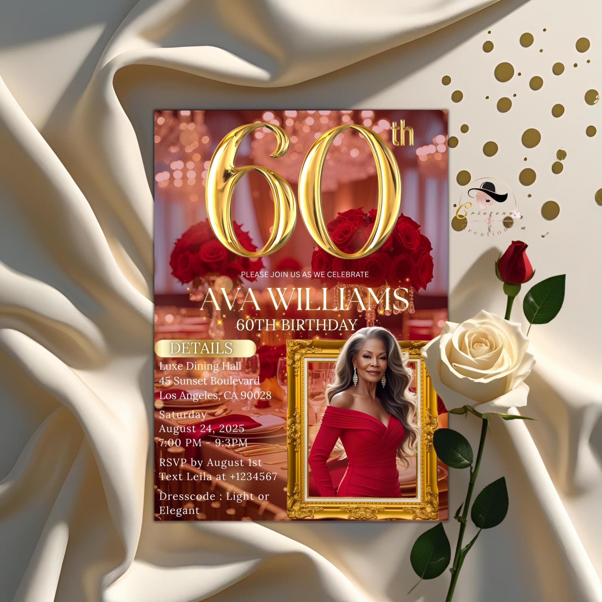 Digital 60th Birthday Invitation Women Red Gold 60th Birthday Dinner invite with photo Glam Luxury party 60 and Fabulous Floral Template