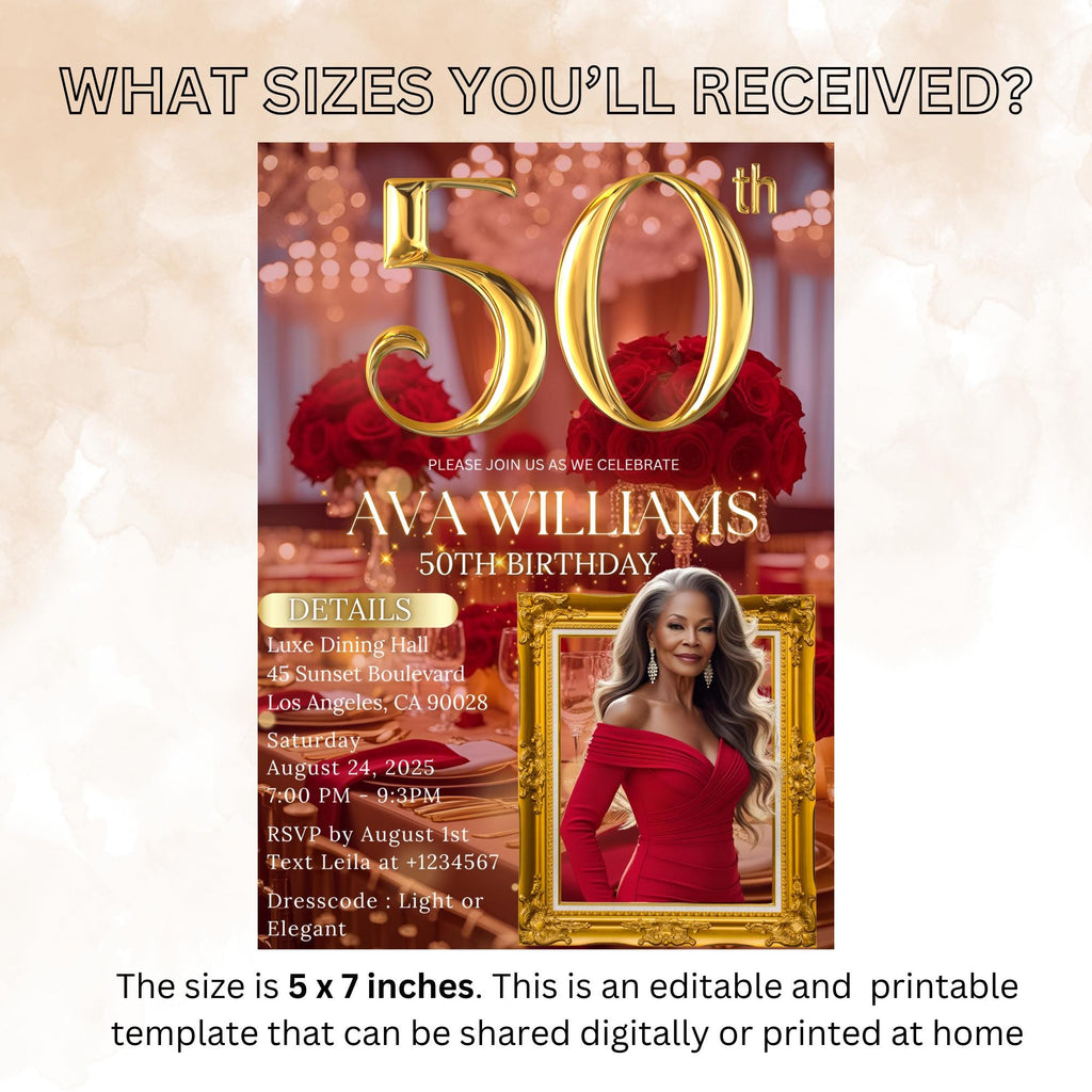 Digital 50th Birthday Invitation with photo Woman 50th Birthday Dinner invite Red Gold Glam Luxury Party Fiftieth Birthday card Printable