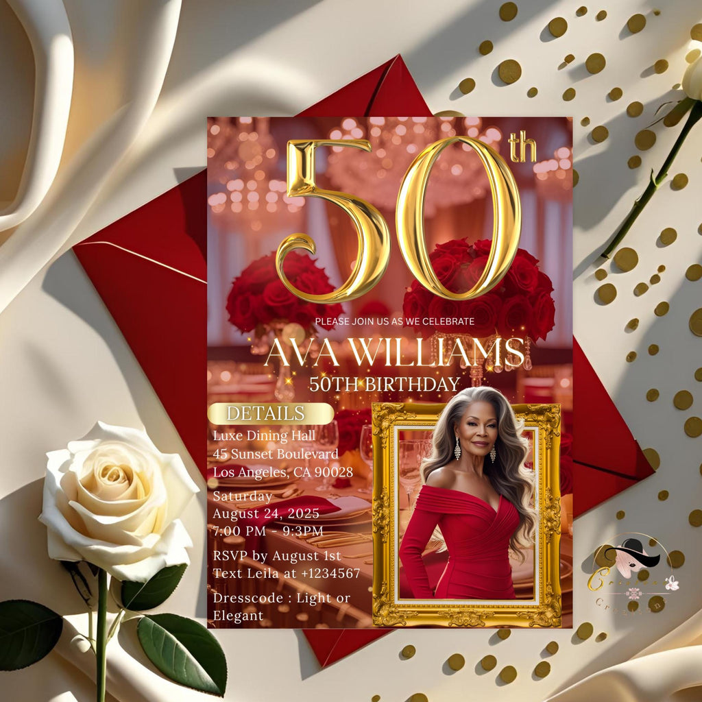 Digital 50th Birthday Invitation with photo Woman 50th Birthday Dinner invite Red Gold Glam Luxury Party Fiftieth Birthday card Printable