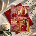 Digital 50th Birthday Invitation with photo Woman 50th Birthday Dinner invite Red Gold Glam Luxury Party Fiftieth Birthday card Printable