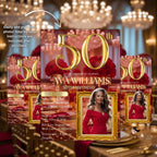 Digital 50th Birthday Invitation with photo Woman 50th Birthday Dinner invite Red Gold Glam Luxury Party Fiftieth Birthday card Printable