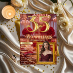 Digital 35th Birthday Invitation with photo Woman 35th Birthday Dinner invite Red Gold Glam Luxury Party 35 and Fabulous Floral Template