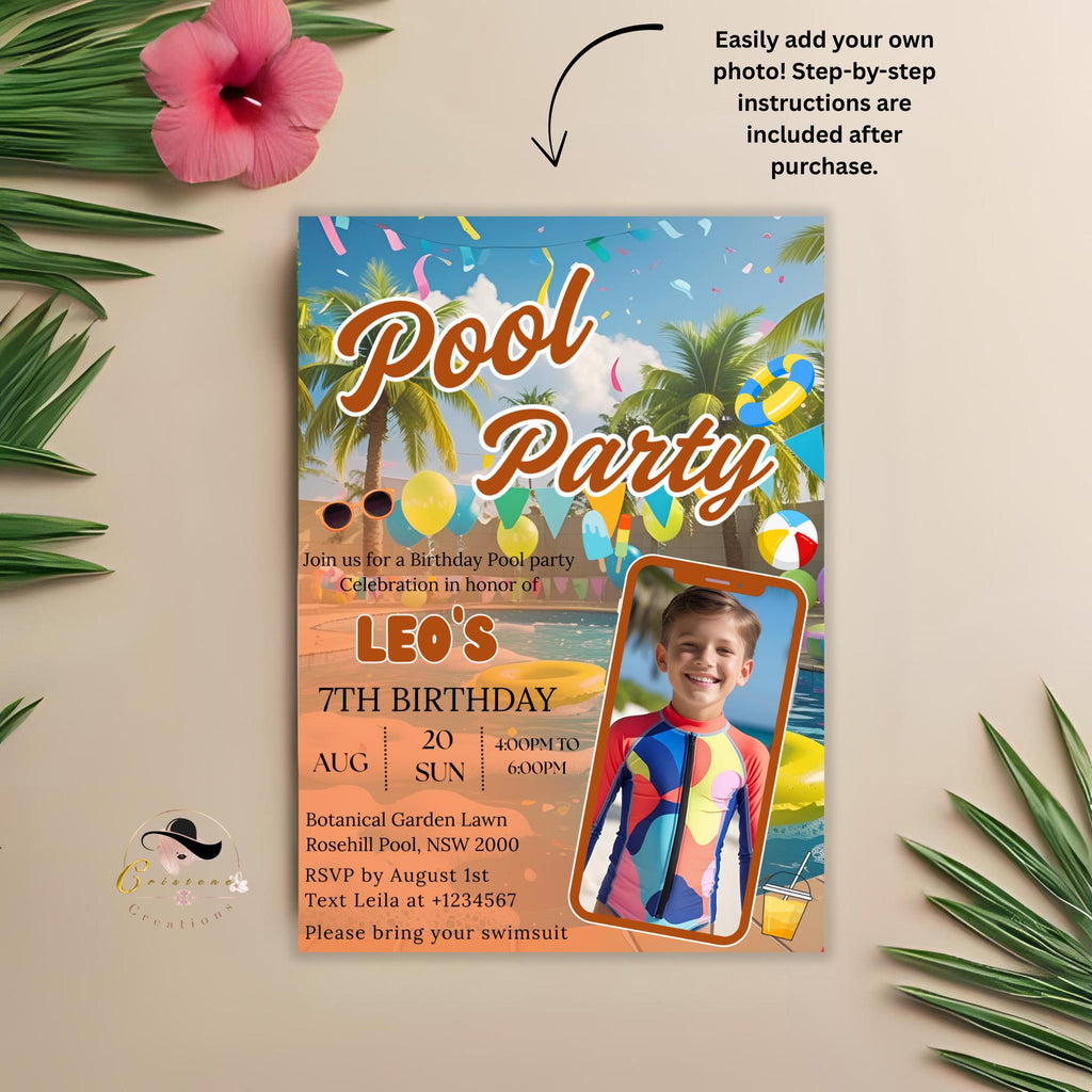 Editable Pool Party Birthday invitation with photo Digital Luau pool party invite Kid Waterslide party card Aloha Tropical Hawaiian Template