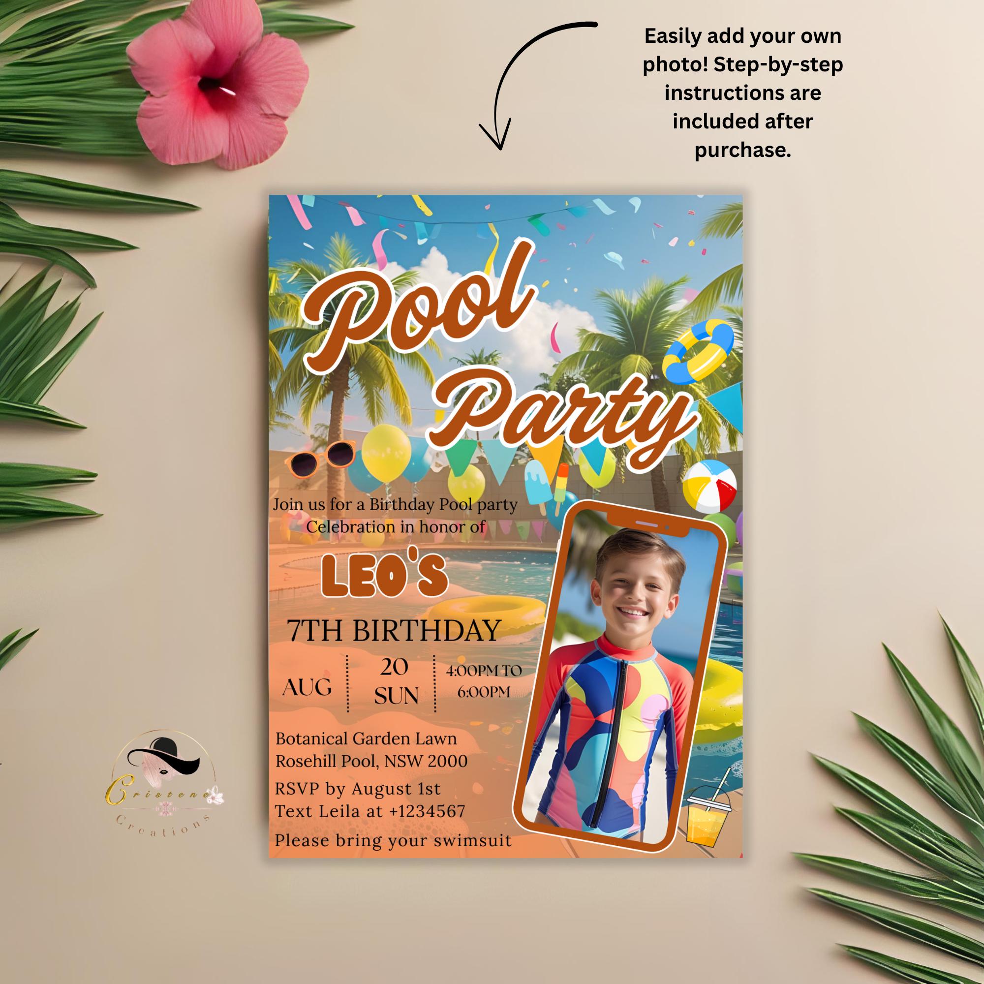 Editable Pool Party Birthday invitation with photo Digital Luau pool party invite Kid Waterslide party card Aloha Tropical Hawaiian Template