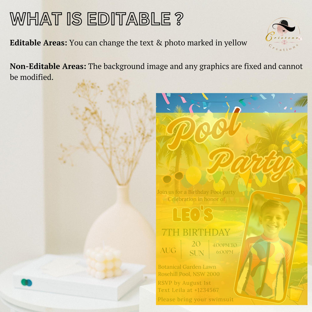 Editable Pool Party Birthday invitation with photo Digital Luau pool party invite Kid Waterslide party card Aloha Tropical Hawaiian Template