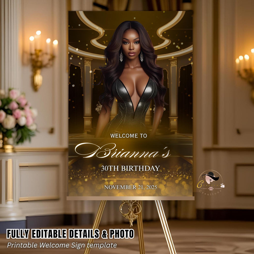 Editable Birthday Welcome Sign Black gold Printable Retirement Party Signs Welcome poster board sign, Luxury party sign with photo Template