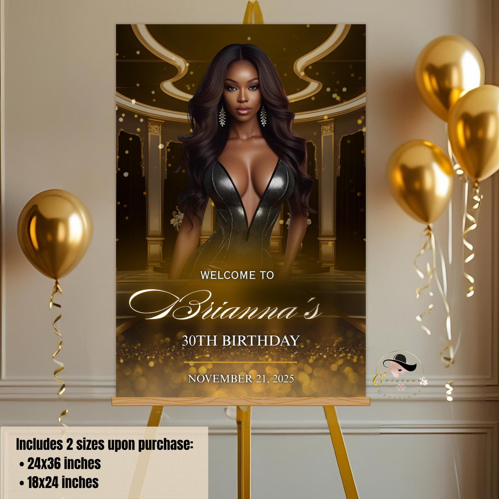 Editable Birthday Welcome Sign Black gold Printable Retirement Party Signs Welcome poster board sign, Luxury party sign with photo Template