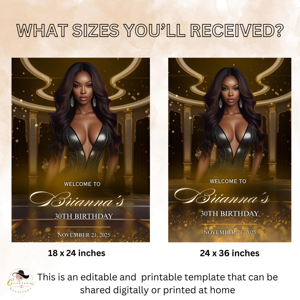Editable Birthday Welcome Sign Black gold Printable Retirement Party Signs Welcome poster board sign, Luxury party sign with photo Template