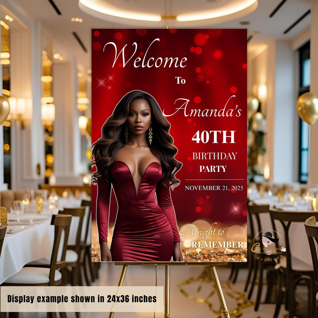 Birthday Welcome Sign Red Gold Elegant Party Sign with photo Editable Welcome Board sign Retirement Party Poster signs Printable Template