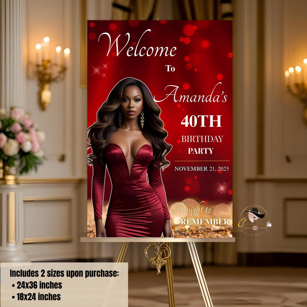 Birthday Welcome Sign Red Gold Elegant Party Sign with photo Editable Welcome Board sign Retirement Party Poster signs Printable Template