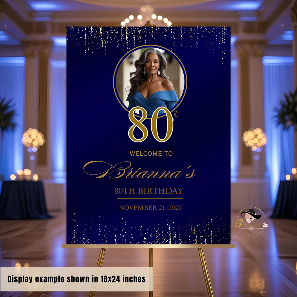 Editable Party Welcome Sign Navy Blue Gold Birthday Party sign with photo Welcome board sign Printable Retirement Party poster sign Template